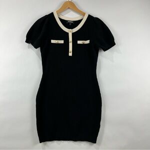 Express Black Knit Sweater Dress Gold Button Contrast Trim Stretch Size M